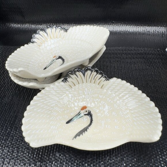 Vintage Japanese Ceramic Footed Crane 4inch Dish Plate Rare Set 3 Dishes Marked - Picture 13 of 16